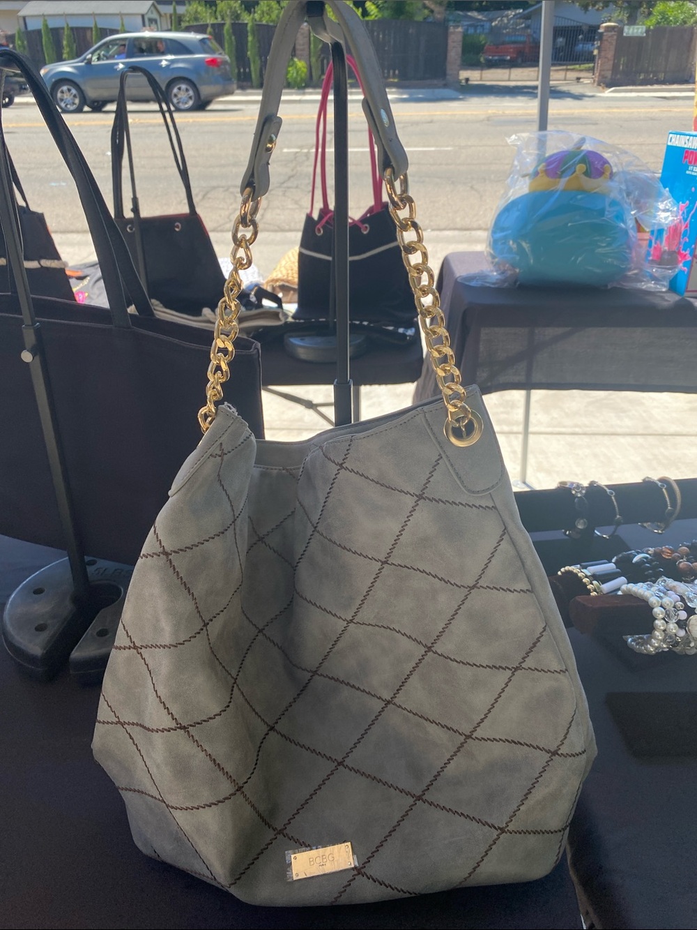 BCBGeneration Gray Quilted Hobo with Gold Chain Handles
